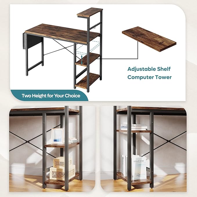 Bestier Computer Desk with LED lights, Gaming Desk with 4 Tier Shelves, 44 Inch Office Desk with Storage Bag & Printer Shelf (Rustic Brown) - LeafyLoom