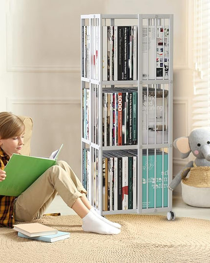 Rotating Bookcase White 3 Tiers Metal Large Capacity Bookshelf, 360°Cubic for Small Space with Storage and Creative Multi-Layer Shelves,Magazine Books for Bedroom Living Room Study Office - LeafyLoom