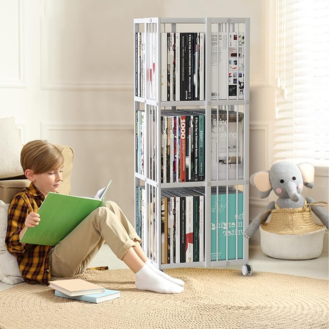 Rotating Bookcase White 3 Tiers Metal Large Capacity Bookshelf, 360°Cubic for Small Space with Storage and Creative Multi-Layer Shelves,Magazine Books for Bedroom Living Room Study Office - LeafyLoom