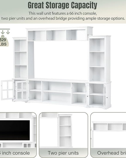 Merax Minimalism Style Entertainment Wall Unit with Bridge, Multifunctional TV Stand with Tempered Glass Door Modern Console Table for Televisions Up to 70”, 104.3 inch Length, White - LeafyLoom