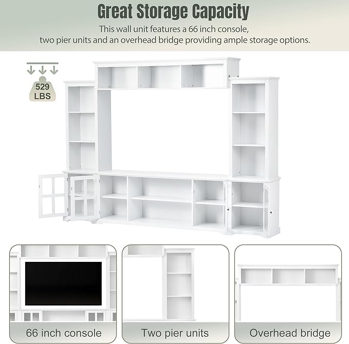 Merax Minimalism Style Entertainment Wall Unit with Bridge, Multifunctional TV Stand with Tempered Glass Door Modern Console Table for Televisions Up to 70”, 104.3 inch Length, White - LeafyLoom