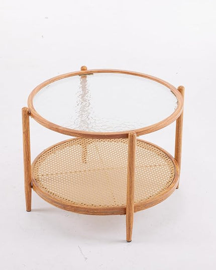 VINGLI 30" Rattan Coffee Table, Round Water-wave Glass Metal Center Table, Modern Coffee Tbale with 2-Tier Storage, Farmhouse Circular Coffee table for Living Room and Small Space, Natural Vibe - LeafyLoom