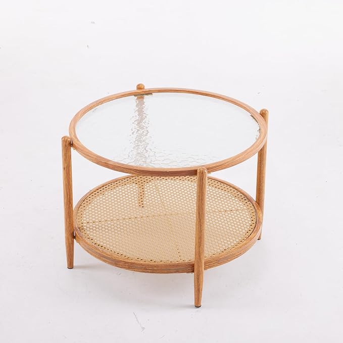 VINGLI 30" Rattan Coffee Table, Round Water-wave Glass Metal Center Table, Modern Coffee Tbale with 2-Tier Storage, Farmhouse Circular Coffee table for Living Room and Small Space, Natural Vibe - LeafyLoom