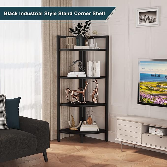 SAYGOER Corner Bookshelf 4 Tier Stand Corner Ladder Shelf Modern Storage Organizer Bookcase Industrial Display Rack Shelves for Small Space, Living Room,Home Kitchen,Office, Black - LeafyLoom