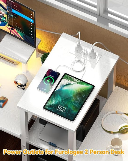Furologee Charging Station for White 2 Penson Desk with LED Lights and Monitor Stand - LeafyLoom