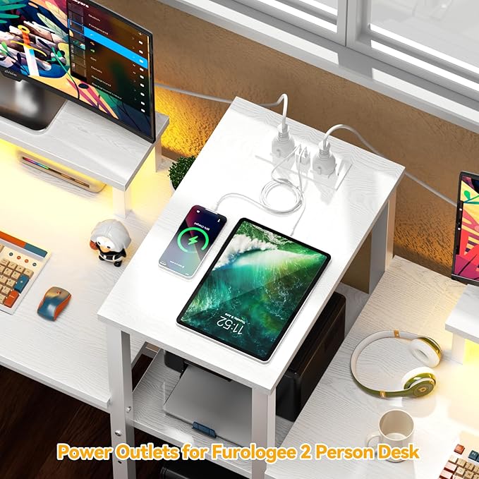 Furologee Charging Station for White 2 Penson Desk with LED Lights and Monitor Stand - LeafyLoom