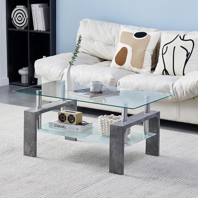 Living Room Rectangle Coffee Table, Tea Table Suitable for Waiting Room, Modern Side Coffee Table with Wooden Leg, Glass Tabletop with Lower Shelf,Grey Marble - LeafyLoom