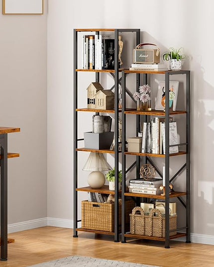 Furologee 5 Tier Tall Bookshelf, Rustic Narrow Bookcase, Display Standing Shelf Units, Metal and Wood Storage Shelves Organizer for Bedroom, Living Room, Home Office, Entryway, Kitchen, Rustic Brown - LeafyLoom