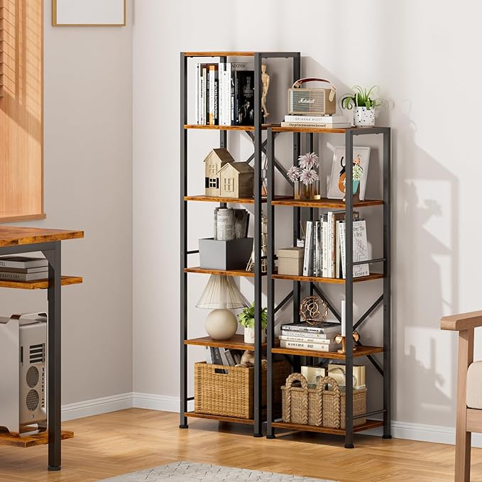 Furologee 5 Tier Tall Bookshelf, Rustic Narrow Bookcase, Display Standing Shelf Units, Metal and Wood Storage Shelves Organizer for Bedroom, Living Room, Home Office, Entryway, Kitchen, Rustic Brown - LeafyLoom
