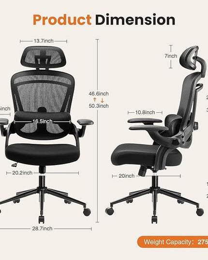 Ergonomic Office Chair, High Back Desk Chair with Adjustable Lumbar Support & Headrest,Comfortable Mesh Computer Chair with Soft Flip Up Arms, Adjustable Height and 120°Tilt,Black - LeafyLoom