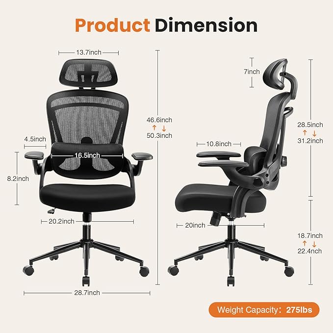 Ergonomic Office Chair, High Back Desk Chair with Adjustable Lumbar Support & Headrest,Comfortable Mesh Computer Chair with Soft Flip Up Arms, Adjustable Height and 120°Tilt,Black - LeafyLoom