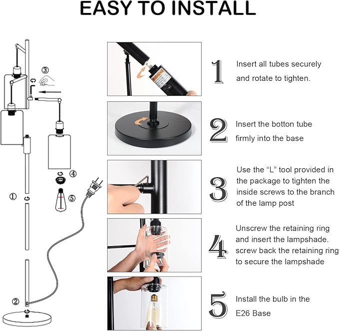 Airposta Industrial Floor Lamp with On/Off Dimmable Switch, 3-Head Rustic Tree Standing Lamp, Edison Bulb 40W Retro Tall Glass Floor Light for Living Room, Reading, Office, Bedroom, Black - LeafyLoom