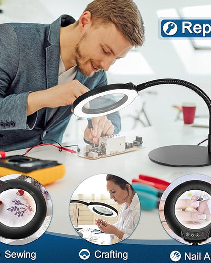 10X Magnifying Glass with Light, Flexible Gooseneck Lighted Magnifier with Stand, 5 Color Modes Stepless Dimmable LED Desk Lamp Hands Free for Crafts Painting Sewing Jewelry Reading Close Work - LeafyLoom