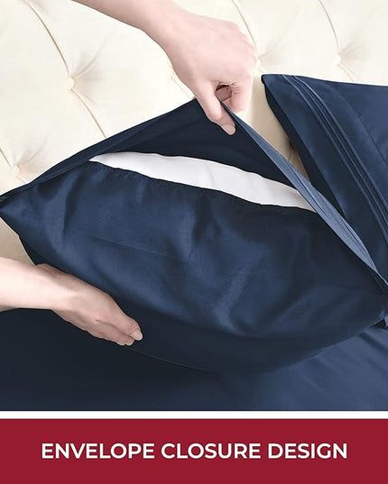 Mellanni RV Short Queen Sheets - 4 PC Iconic Collection Bedding Sheets & Pillowcases - Hotel Luxury, Extra Soft, Cooling Bed Sheets - Deep Pocket up to 10 inch (RV/Short Queen, Navy Blue) - LeafyLoom