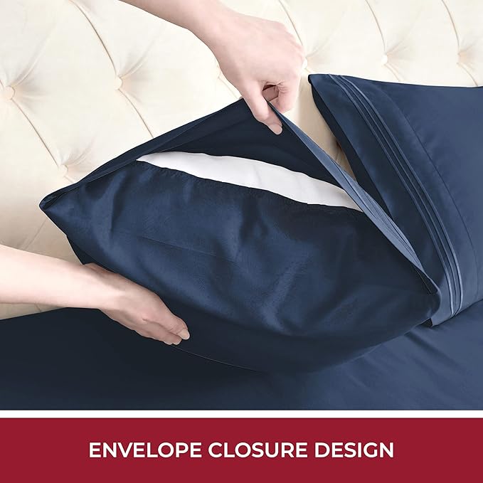 Mellanni RV Short Queen Sheets - 4 PC Iconic Collection Bedding Sheets & Pillowcases - Hotel Luxury, Extra Soft, Cooling Bed Sheets - Deep Pocket up to 10 inch (RV/Short Queen, Navy Blue) - LeafyLoom