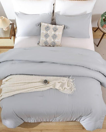ROSGONIA King Size Comforter Set Light Grey, 3pcs (1 Boho Gray Comforter & 2 Pillowcases) All Season Bedding Lightweight Bedspread Blanket Quilt - LeafyLoom