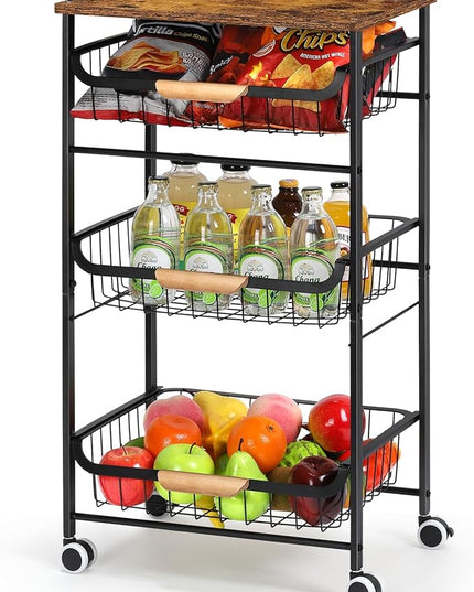 HEOMU 4 Tier Rolling Kitchen Storage Cart, Metal Microwave Stand Kitchen Island Cart on Wheels with Storage for Kitchen, Bathroom, Living Room, Bar, Office, Rustic Brown - LeafyLoom