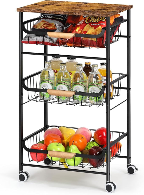 HEOMU 4 Tier Rolling Kitchen Storage Cart, Metal Microwave Stand Kitchen Island Cart on Wheels with Storage for Kitchen, Bathroom, Living Room, Bar, Office, Rustic Brown - LeafyLoom
