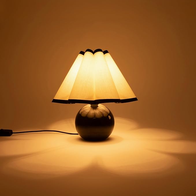 Brightech Blair LED Table Lamp - Small Modern Black Table Lamp with Marble Globe Base, Pleated Shade for Bedroom, Bedside, Side Table - Ambient Night Light with Soft White Light for Desk, Living Room - LeafyLoom