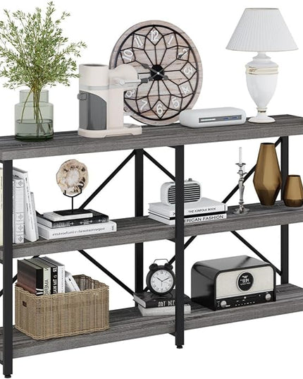 BON AUGURE Rustic Console Table Behind Sofa, Industrial Entryway Table with Storage Shelves, 3 Tier Long Bookshelf for Entry (55 Inch, Dark Grey Oak) - LeafyLoom