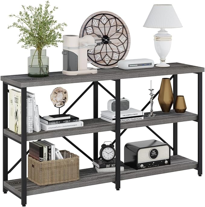 BON AUGURE Rustic Console Table Behind Sofa, Industrial Entryway Table with Storage Shelves, 3 Tier Long Bookshelf for Entry (55 Inch, Dark Grey Oak) - LeafyLoom