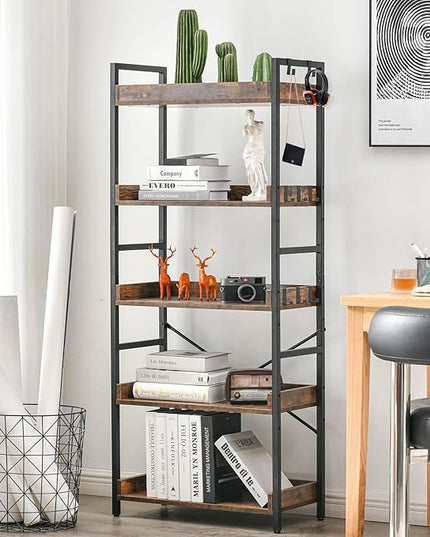 HCHQHS Adjustable 5 Tier Open Bookcase, Rustic Farmhouse Book Shelves, Industrial Wood and Black Metal Bookshelves, Mid Century Bookcase for Home Office Living Room Bedroom - LeafyLoom