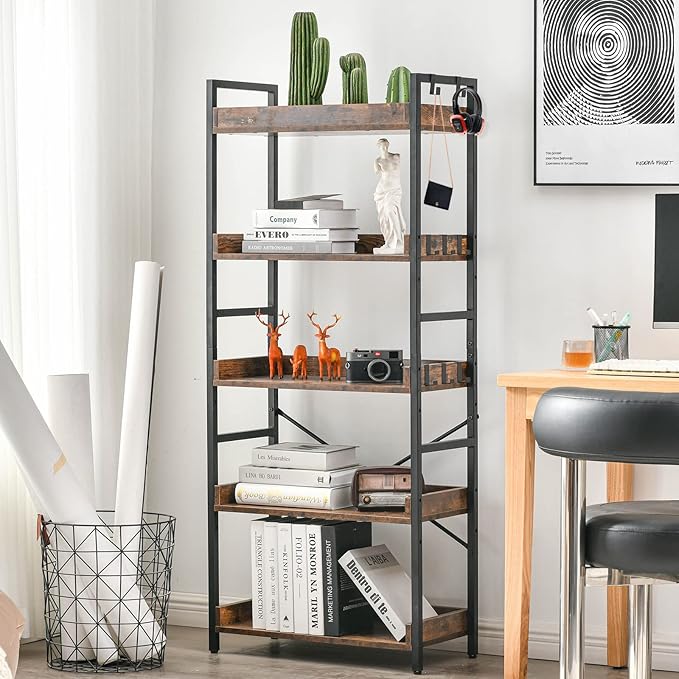 HCHQHS Adjustable 5 Tier Open Bookcase, Rustic Farmhouse Book Shelves, Industrial Wood and Black Metal Bookshelves, Mid Century Bookcase for Home Office Living Room Bedroom - LeafyLoom