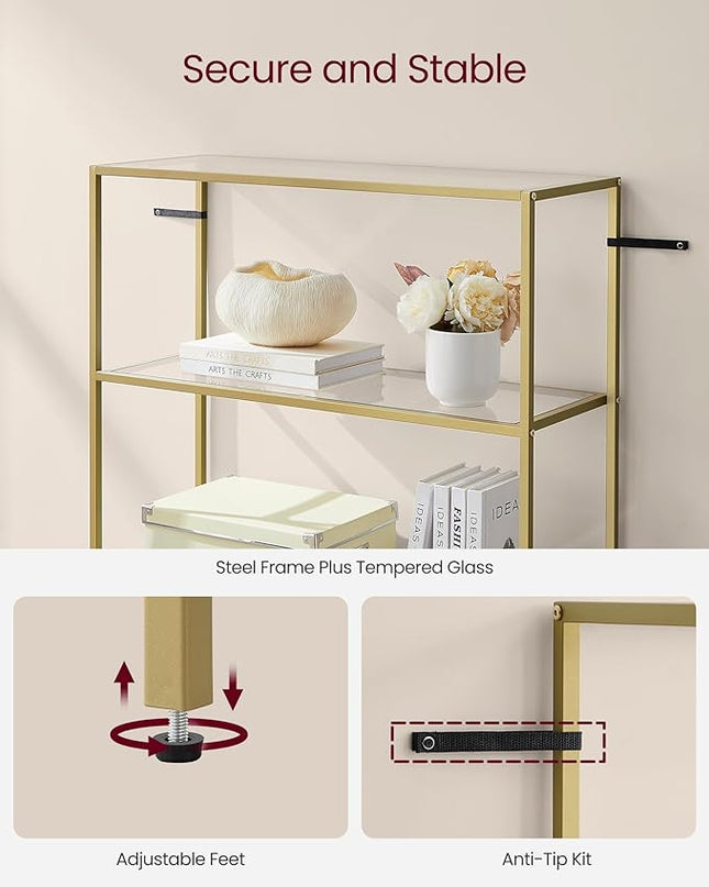 VASAGLE Bookcase, 6-Tier Bookshelf, Slim Shelving Unit for Bedroom, Bathroom, Home Office, Tempered Glass, Steel Frame, Metallic Gold ULGT503A01 - LeafyLoom