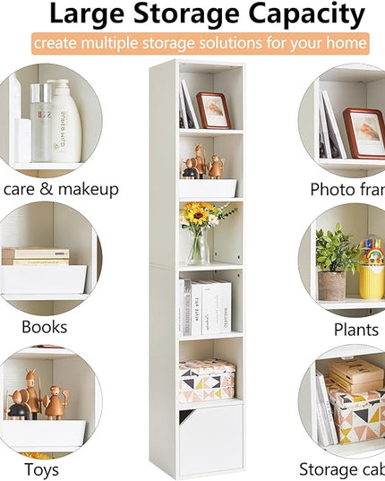 IBUYKE 6 Tier Tall Narrow Bookcase, Modern White Corner Bookcase with Doors Storage,Cube Media Tower Rack,Cabinet,Floor Standing Display Storage Shelves for Small Spaces,for Home Office White UWBC001W - LeafyLoom