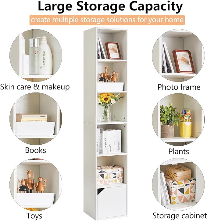 IBUYKE 6 Tier Tall Narrow Bookcase, Modern White Corner Bookcase with Doors Storage,Cube Media Tower Rack,Cabinet,Floor Standing Display Storage Shelves for Small Spaces,for Home Office White UWBC001W - LeafyLoom