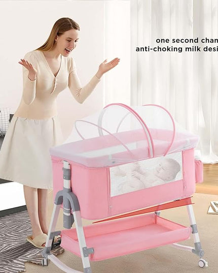 4 in 1 Baby Bassinet, Rocking Bassinets Bedside Sleeper with Comfy Mattress and Wheels, Height Adjustable Easy Folding Portable Bedside Crib for Newborn Infant,Pink - LeafyLoom