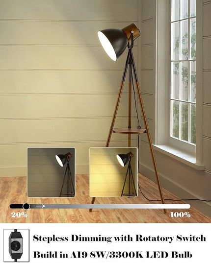 ELYONA Dimmable Tripod Floor Lamp with Table, Wood Standing Lamp with Adjustable Metal Shade, Modern End Table with Reading Light for Livingroom, Bedroom, Office, LED Bulb Included, Black & Brown - LeafyLoom