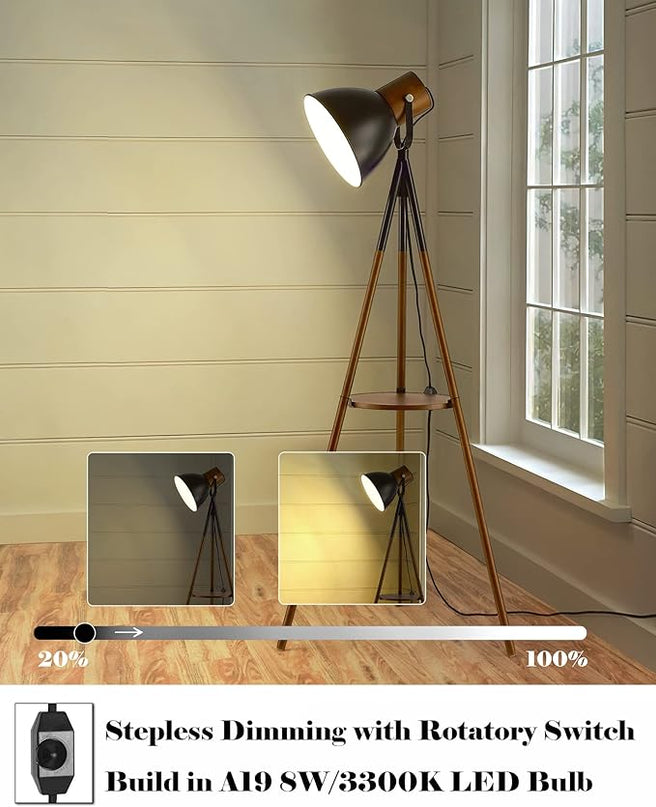 ELYONA Dimmable Tripod Floor Lamp with Table, Wood Standing Lamp with Adjustable Metal Shade, Modern End Table with Reading Light for Livingroom, Bedroom, Office, LED Bulb Included, Black & Brown - LeafyLoom