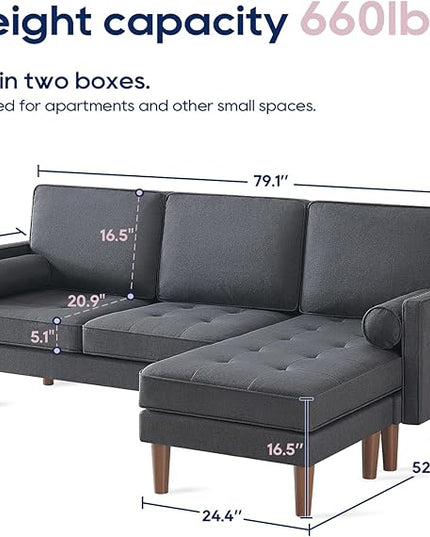Vonanda Sectional Couch L Shaped Couch, Convertible Sectional Sofa with Reversible Chaise and Tufted Seat, Fabric Small Couch for Apartment and Small Living Space, Dark Grey - LeafyLoom