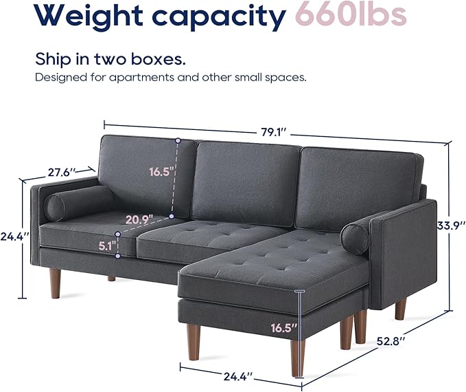 Vonanda Sectional Couch L Shaped Couch, Convertible Sectional Sofa with Reversible Chaise and Tufted Seat, Fabric Small Couch for Apartment and Small Living Space, Dark Grey - LeafyLoom