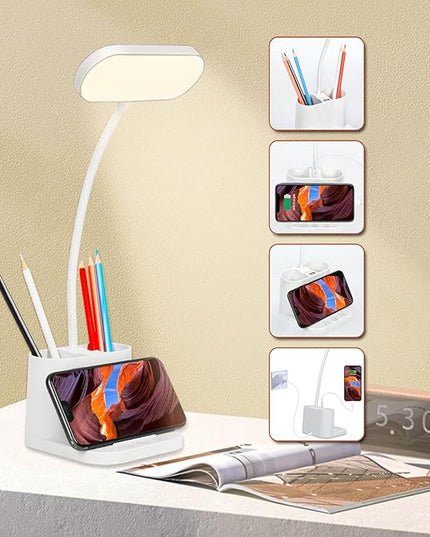 Study Lamp, Rechargeable LED Desk Lamp with Pen Holder, 8 Brightness Desk Lamp with USB Charging Port, Dimmable Reading Light Table Lamp for Kids - LeafyLoom