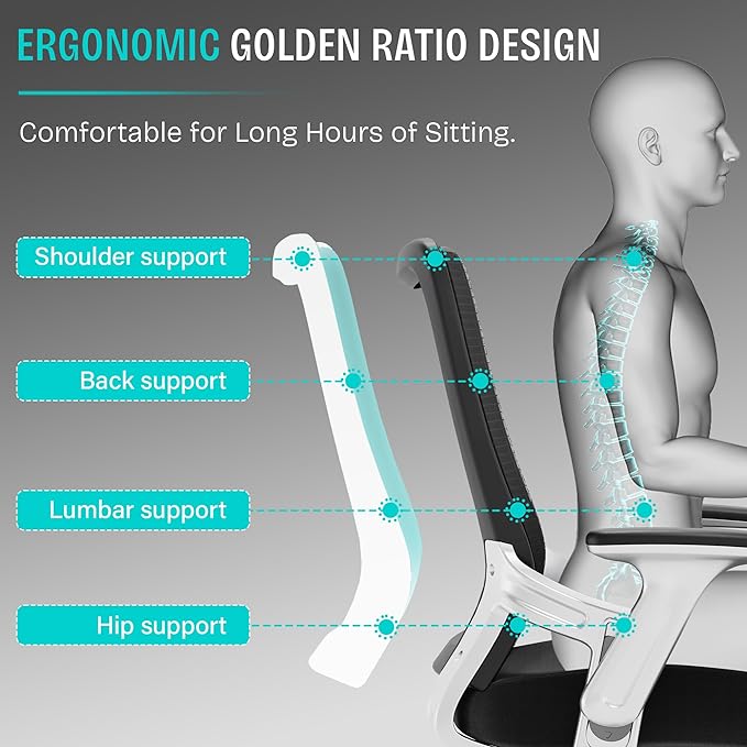 Ergonomic Office Desk Chair, Mesh Computer Gaming Chair with Adjustable Flip-Up Arms, Lumbar Support, Tilt Function, Comfy Wide Seat, Swivel Wheel, Sturdy Big and Tall Task Chairs for Adults Students - LeafyLoom