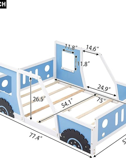 Full Size Floor Bed for Kids, Race Car-Shaped Wooden Platform Montessori Bed Frame with Guardrail and Door for Boys Girls Child's Bedroom, Slats Included, No Spring Need (Blue) - LeafyLoom