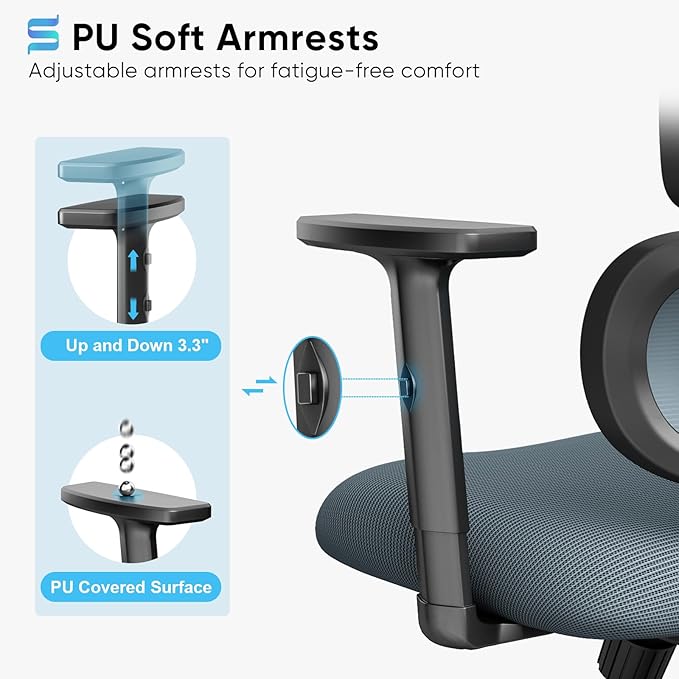 Sytas Office Chair Ergonomic Desk Chair, High Back Computer Chair, Comfy Home Office Chair with Lumbar Support, Breathable Mesh Chair Adjustable Armrests,Tilt Function - LeafyLoom
