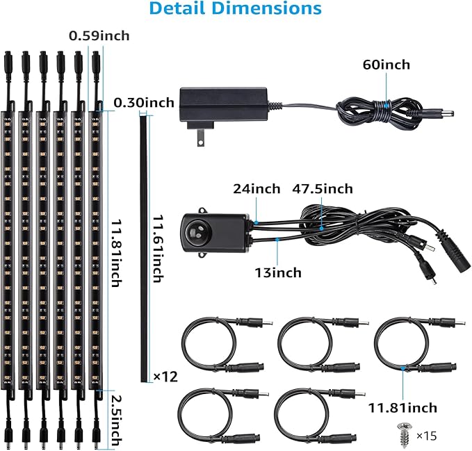 TORCHSTAR LED Safe Lighting Kit, (6) 12 Inch Linkable Light Bars + Motion Sensor + UL Power Adapter, 900LM, Input 100-240V, for Under Cabinet Gun Safe Locker Closet Showcase, 5000K Daylight TORCHSTAR
