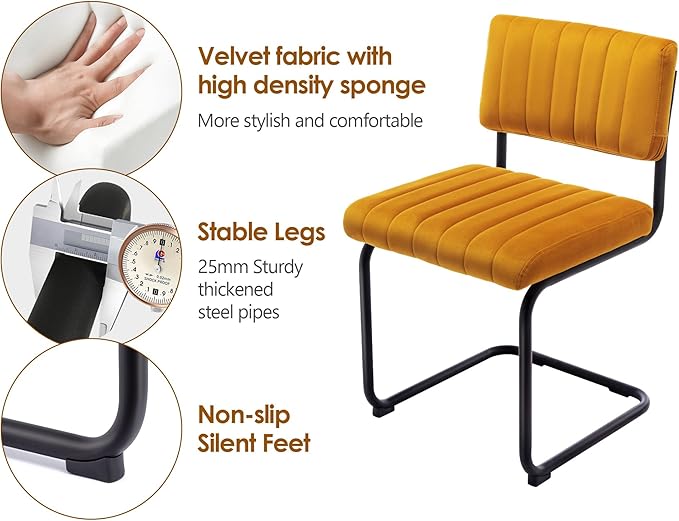 ONEVOG Velvet Dining Chairs Set of 4, Upholstered Kitchen Dining Room Chairs with Striped Open Back, Comfy Orange Chair Armless, Dinner Chair for Party, Black Chrome Metal Legs - LeafyLoom