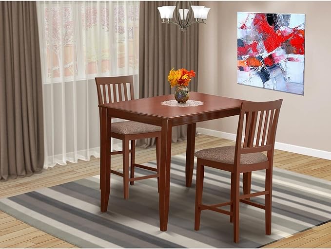 East West Furniture BUVN3-MAH-C Buckland 3 Piece Kitchen Counter Height Dining Set Contains a Rectangle Pub Table and 2 Linen Fabric Upholstered Chairs, 30x48 Inch, Mahogany - LeafyLoom