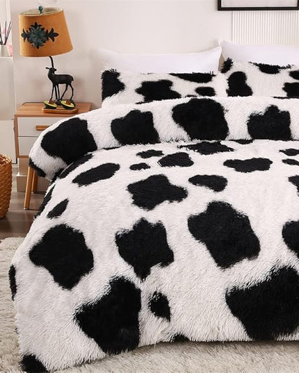 Faux Fur Kids Girls Cow Print Comforter Sets Queen - 3PC Bed Set Warm Comfortable Soft Plush Flannel Velvet Fluffy Fuzzy Bedding（Comforter x 1 Pillowcases x 2） - LeafyLoom