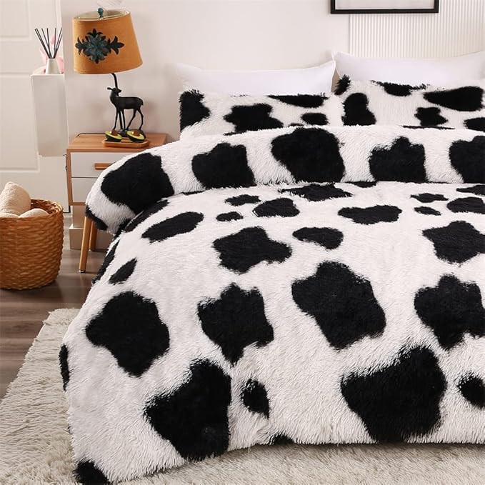 Faux Fur Kids Girls Cow Print Comforter Sets Queen - 3PC Bed Set Warm Comfortable Soft Plush Flannel Velvet Fluffy Fuzzy Bedding（Comforter x 1 Pillowcases x 2） - LeafyLoom
