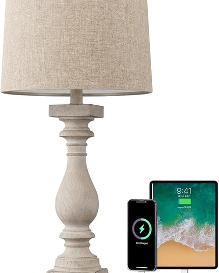 BOBOMOMO Retro 27" USB Charging Ports A/C Wash-White Farmhouse Lamps for Bedrooms Side Table Lamps Bedside Lamp for Nightstand Living Room 1 Pack - LeafyLoom