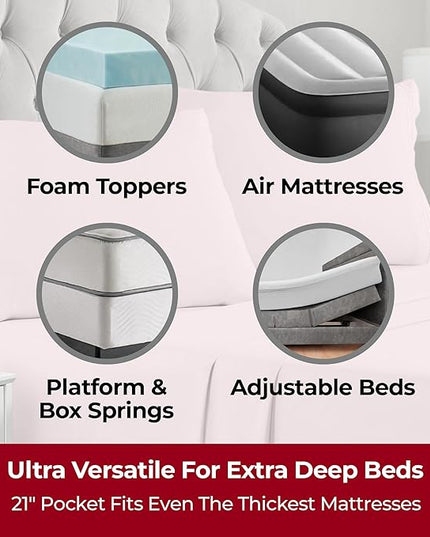 Mellanni Extra Deep King Sheets - 4 PC Iconic Collection Bedding Sheets & Pillowcases - Hotel Luxury, Ultra Soft, Cooling Bed Sheets - Extra Deep Pocket up to 21 inch (King, Blush Pink) - LeafyLoom