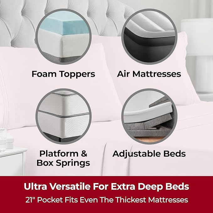 Mellanni Extra Deep King Sheets - 4 PC Iconic Collection Bedding Sheets & Pillowcases - Hotel Luxury, Ultra Soft, Cooling Bed Sheets - Extra Deep Pocket up to 21 inch (King, Blush Pink) - LeafyLoom