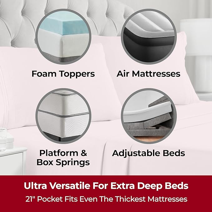 Mellanni Extra Deep Queen Sheets - 4 PC Iconic Collection Bedding Sheets & Pillowcases - Hotel Luxury, Ultra Soft, Cooling Bed Sheets - Extra Deep Pocket up to 21 inch (Queen, Blush Pink) - LeafyLoom