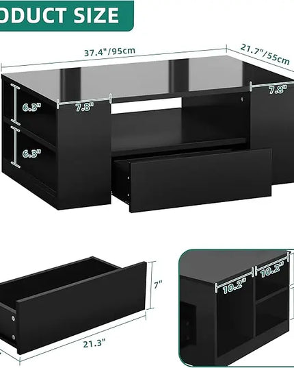 YITAHOME Modern Coffee Tables for Living Room, High Gloss LED Coffee Table, Storage Coffee Table, Small Coffee Table, Wood Center Table with 2 Sliding Drawers and Open Side Shelf,Black - LeafyLoom