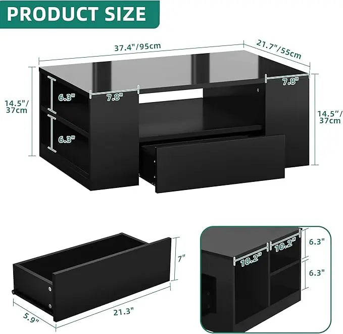 YITAHOME Modern Coffee Tables for Living Room, High Gloss LED Coffee Table, Storage Coffee Table, Small Coffee Table, Wood Center Table with 2 Sliding Drawers and Open Side Shelf,Black - LeafyLoom